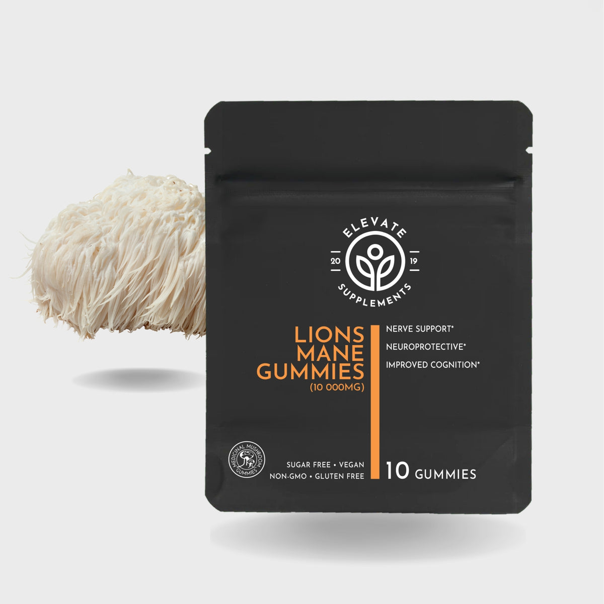 Lion's Mane Gummies 10-gummy pouch with a lion's mane mushroom