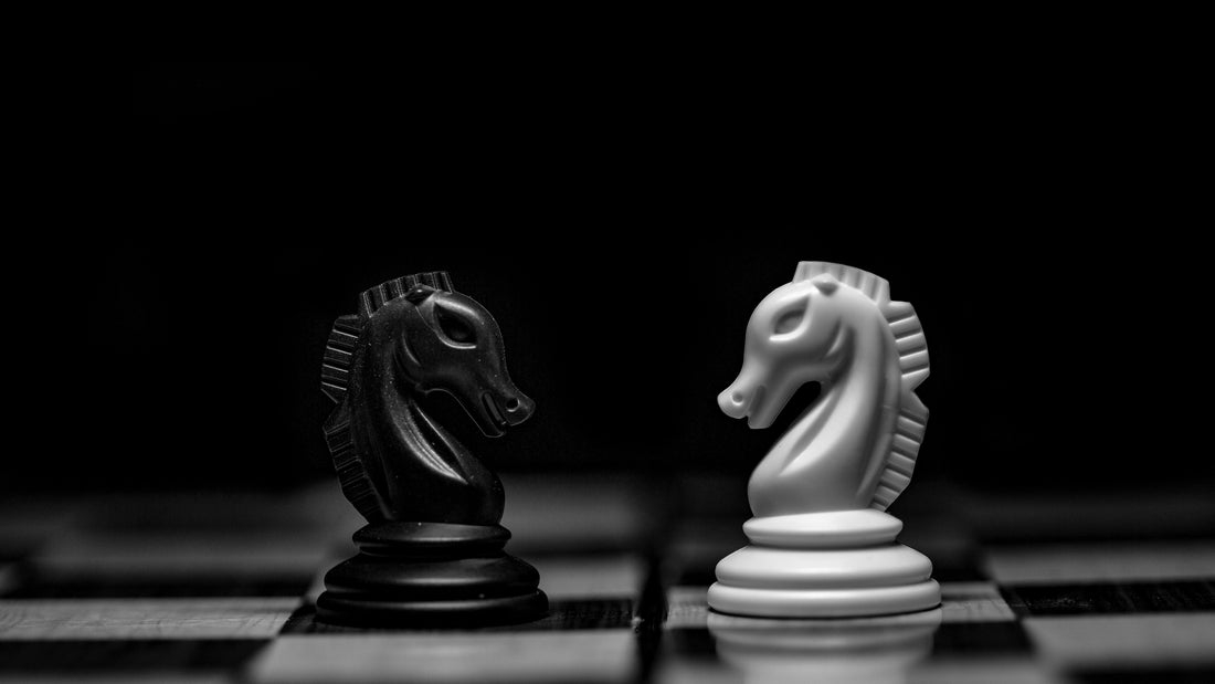 Black and white chess knights facing each other on a board