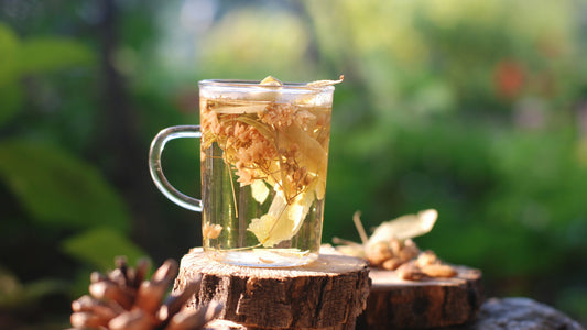 Glass mug of herbal tea on a log with a green garden behind