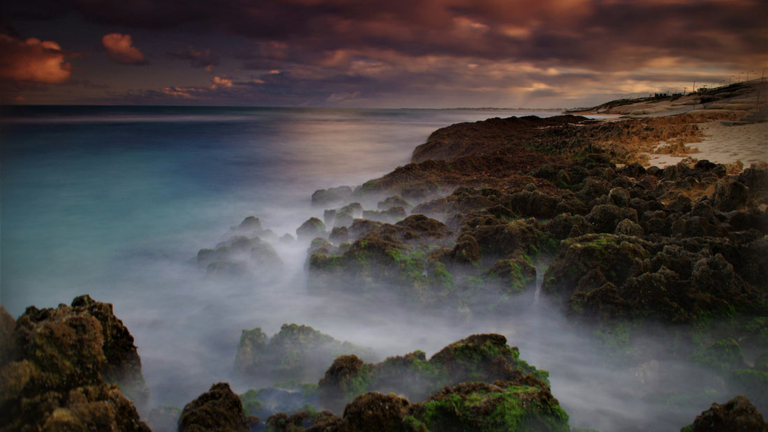 Moody seascape with mossy green rocks and misty water at dusk