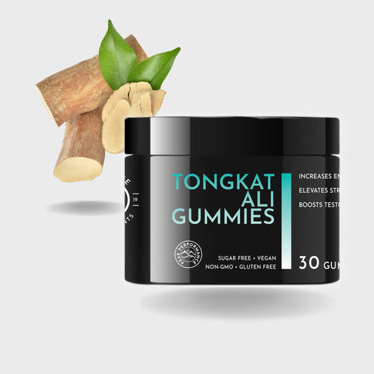 Tongkat Ali Gummies container with ingredients on a light gray background